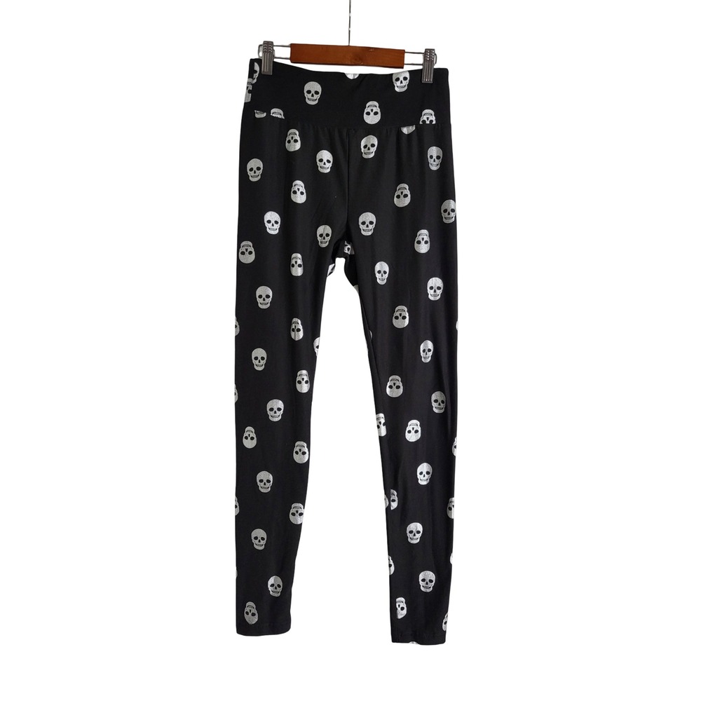 No Boundaries Juniors Black Silver Metallic Skull Print Leggings Size M 7-9